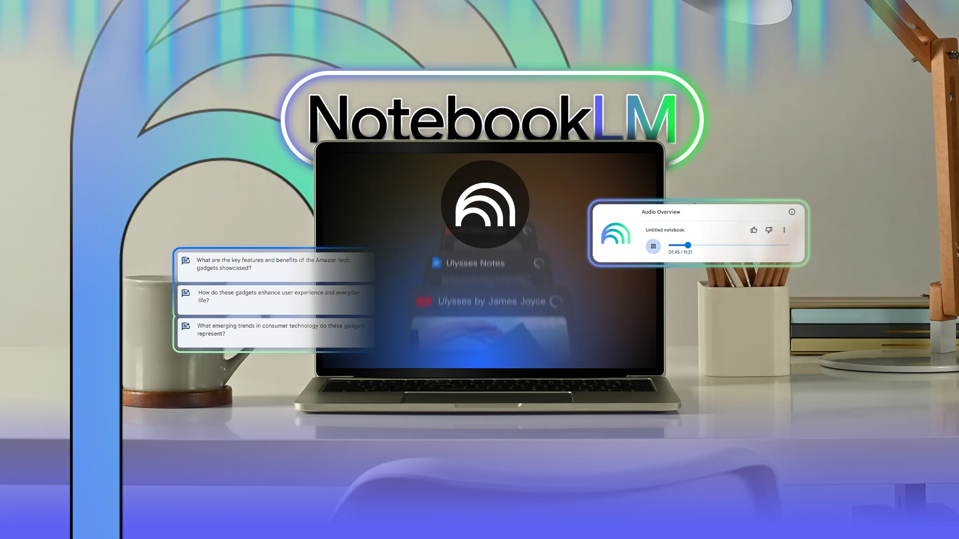 واجهة NotebookLM على جهاز MacBook، مع عناصر عائمة تعرض ملاحظات وملخصات وميزات نظرة عامة صوتية، في مساحة عمل حديثة.
