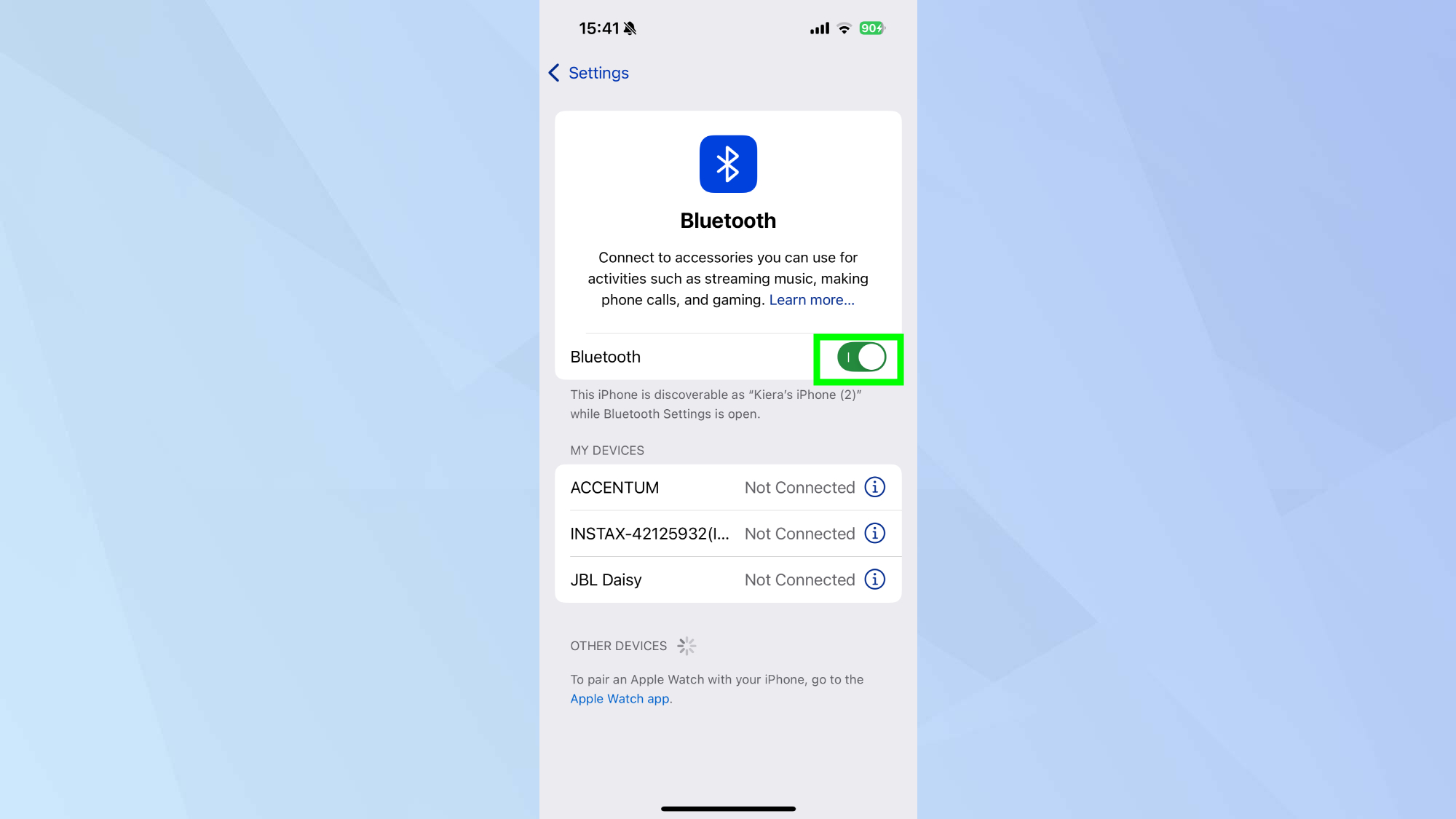 Bluetooth toggled on in iPhone