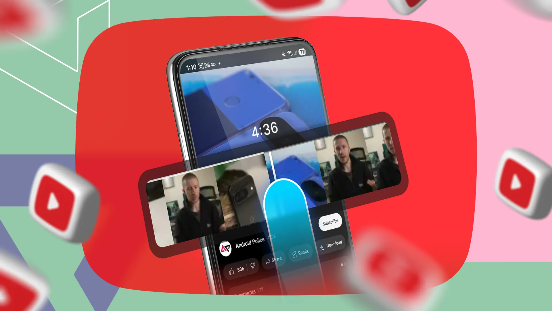 هاتف ذكي يعرض ميزة البحث الدقيق في YouTube مع معاينات إطار بإطار أثناء سحب شريط التقدم.