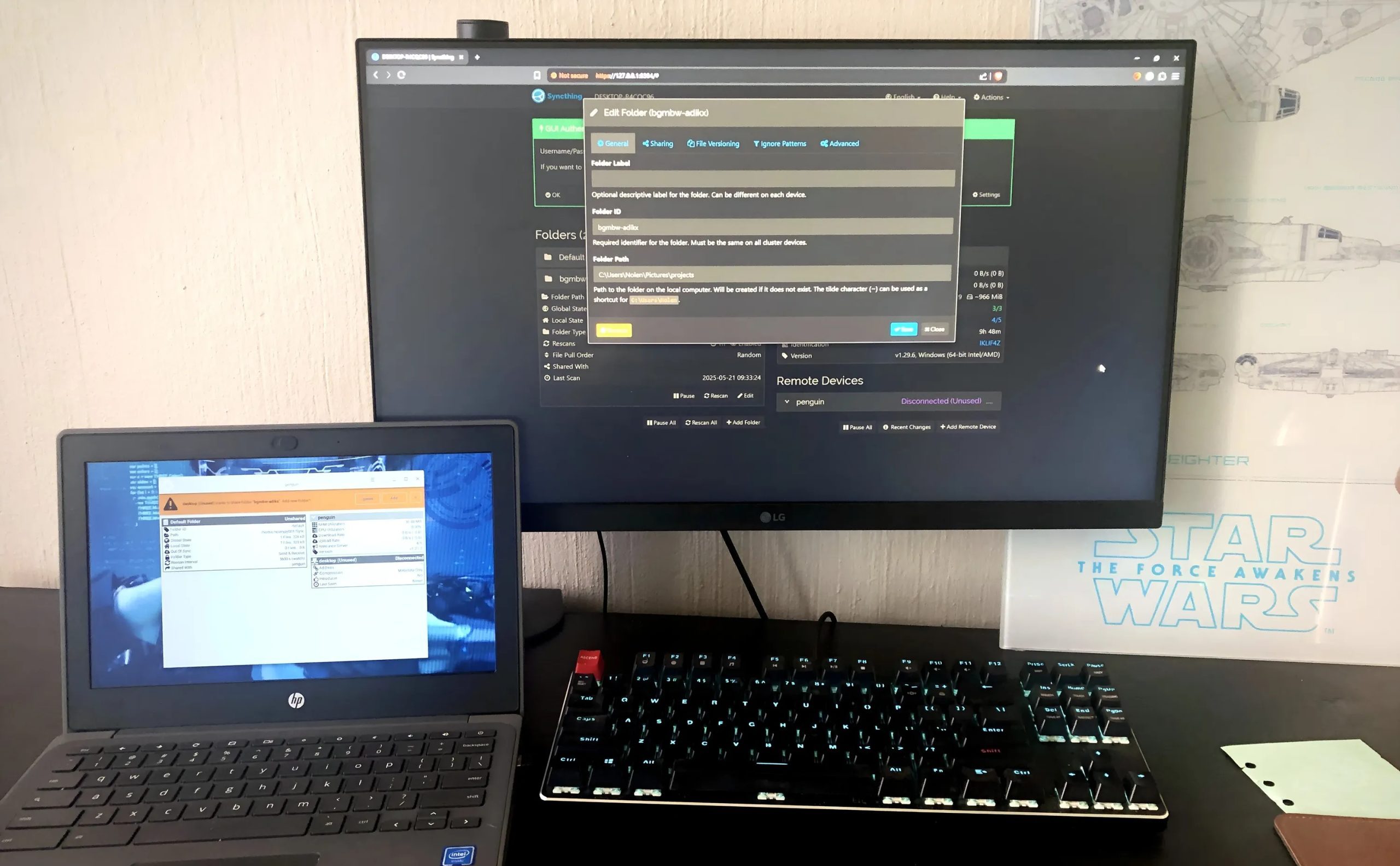 Syncthing معروض على سطح مكتب Windows و Chromebook