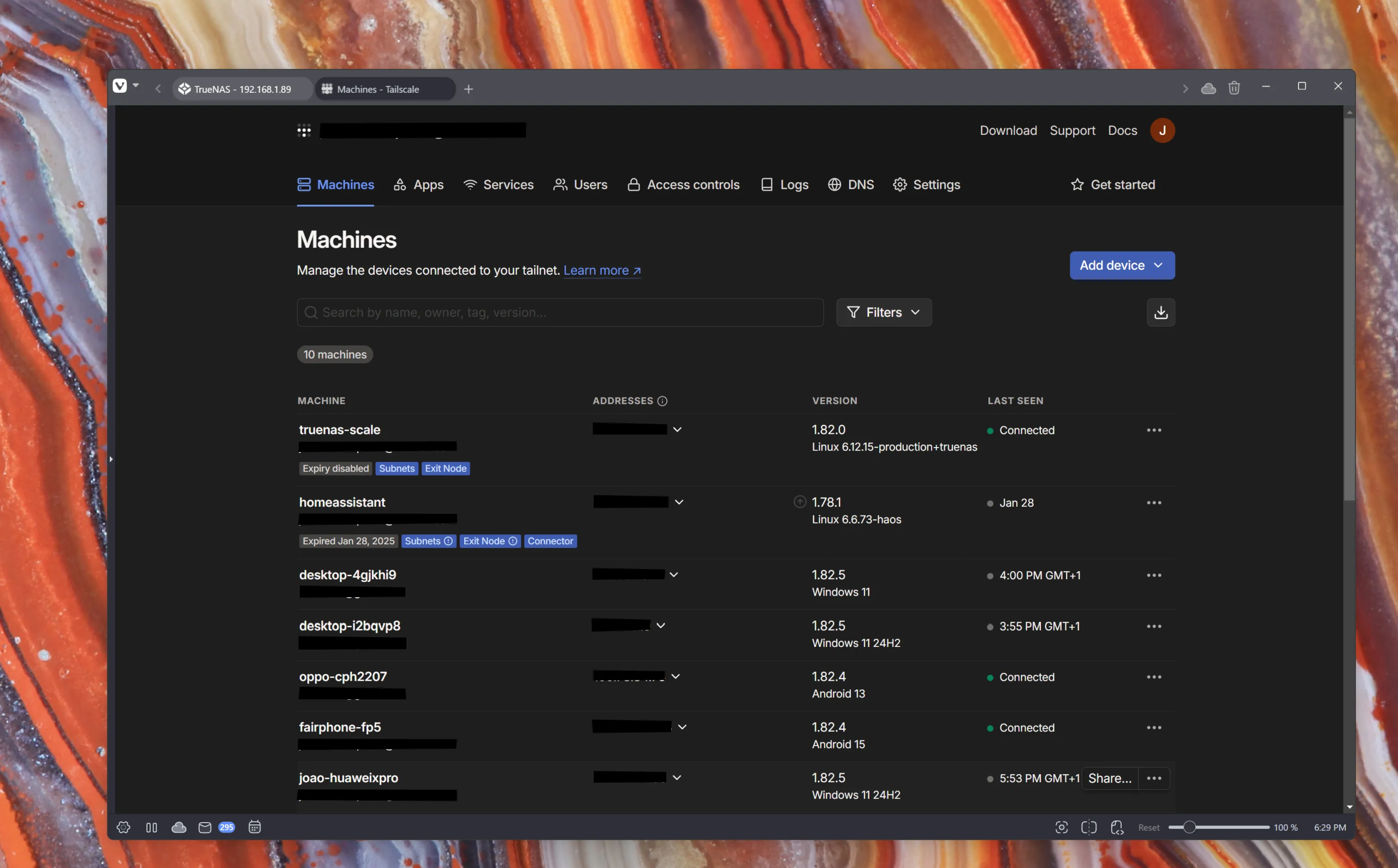 لقطة شاشة لصفحة Tailscale الرئيسية تعرض مثيل TrueNAS Scale كعقدة خروج