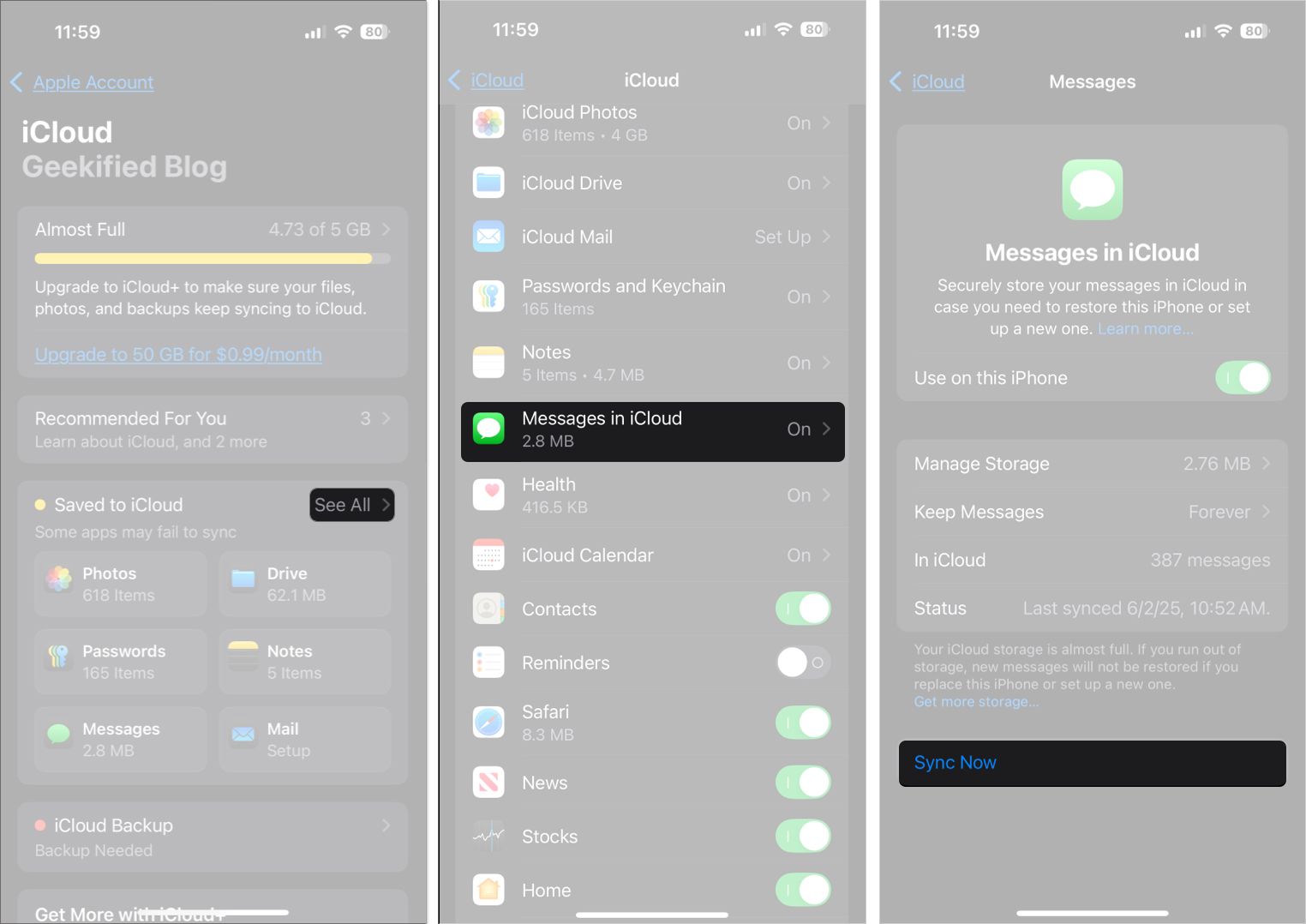 اضغط على مزامنة الآن لجميع الرسائل على iPhone