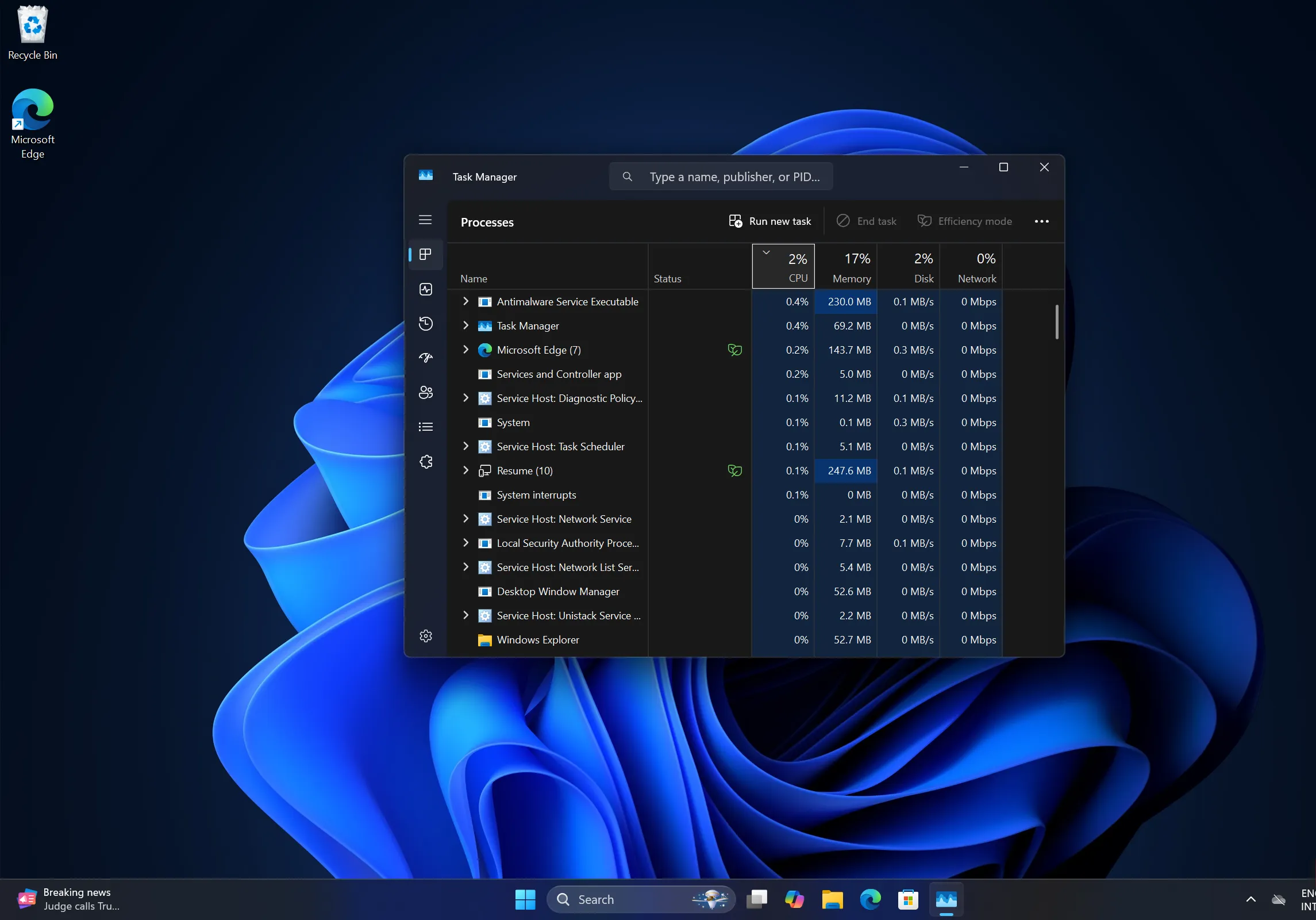 لقطة شاشة لـ 'إدارة المهام' في Windows 11 تعرض العمليات واستخدام الموارد