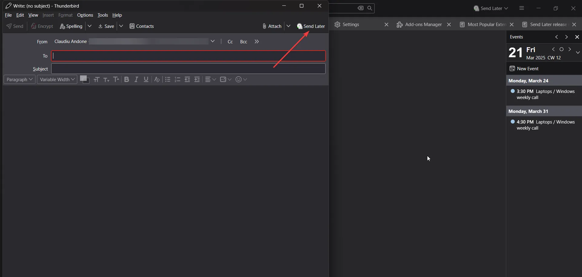 إضافة الإرسال لاحقًا في Thunderbird