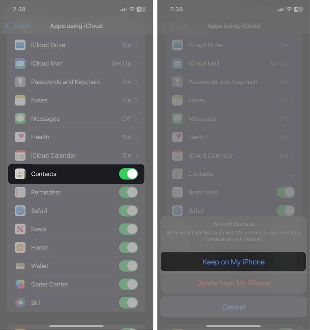 Toggle off contacts tap keep on my iphone in settings