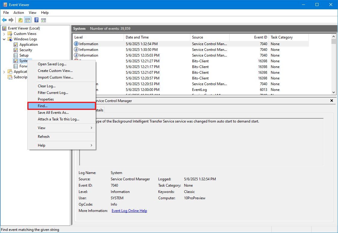 Event Viewer Find Option