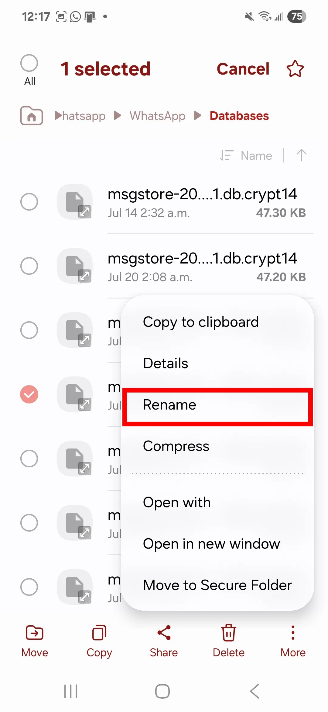 Rename option highlighted for a encrypted stored WhatsApp file in your internal phone storage