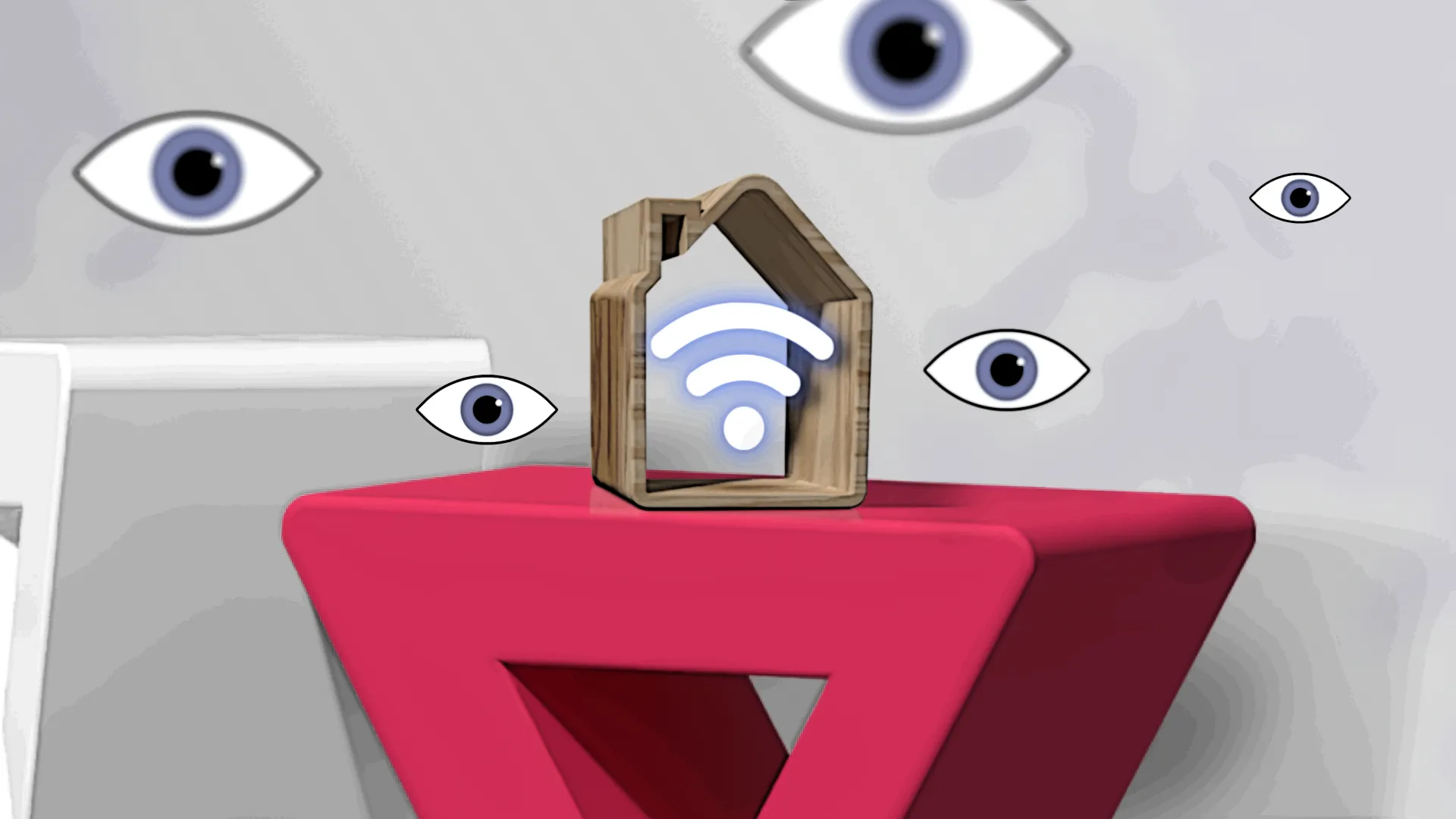 أيقونة منزل ذكي خشبية مع رمز Wi-Fi، محاطة بعدة عيون.