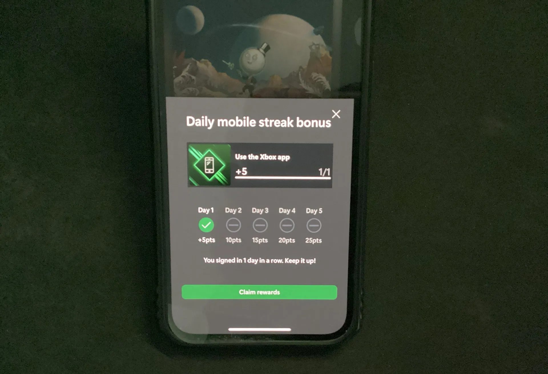 لقطة شاشة لمكافآت سلسلة متتالية من تطبيق Xbox على الهاتف المحمول