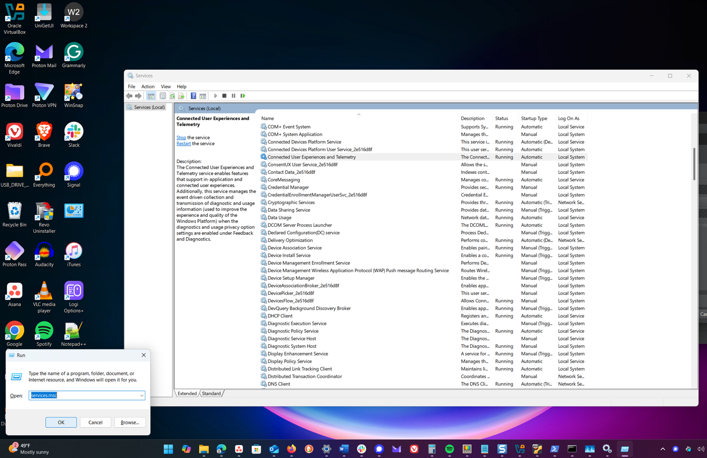 يعرض مربع حوار التشغيل مع services msc