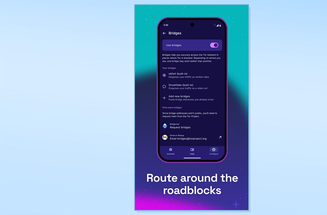صورة من متجر Google Play لتطبيق Tor VPN Beta توضح جسور التطبيق