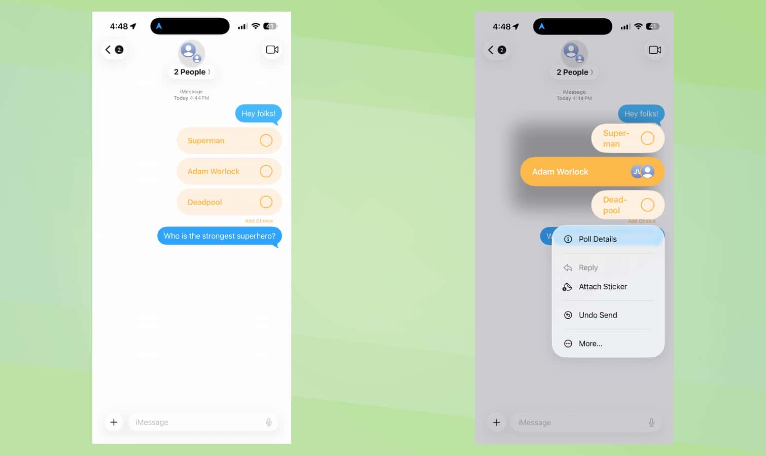 لقطات شاشة من iOS 26 توضح كيفية إنشاء استطلاعات رأي في الرسائل.