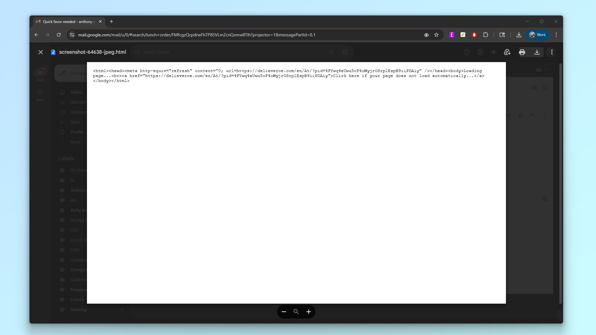 لقطة شاشة تعرض معاينة موسعة لمرفق HTML متنكر في صورة صورة