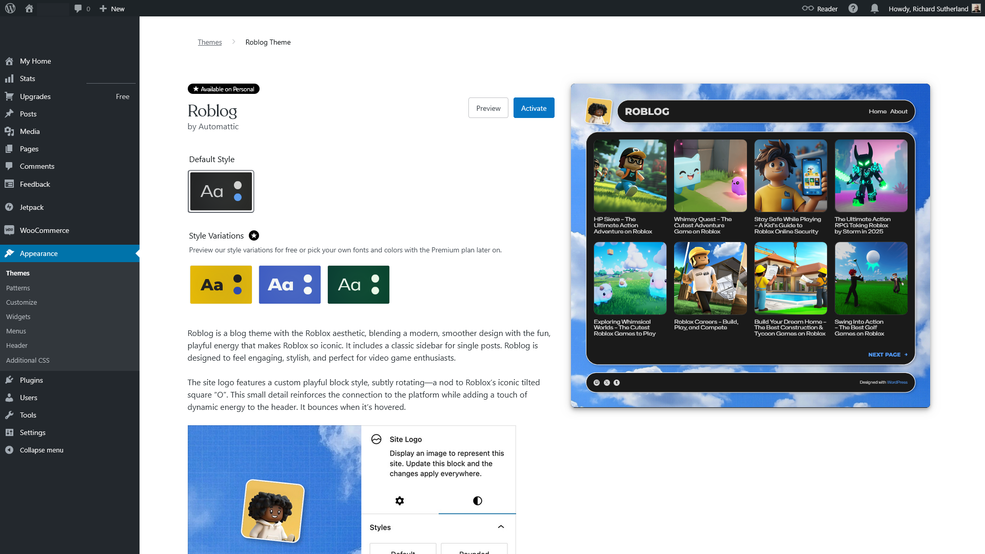 لقطة شاشة لصفحة اختيار القوالب على wordpress.com