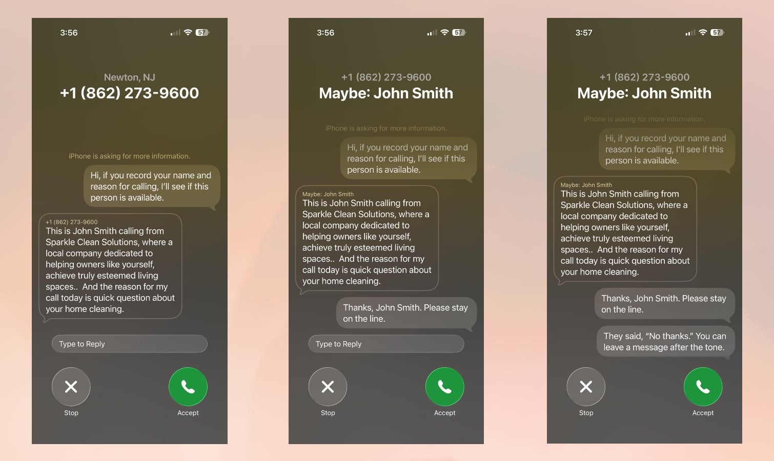 لقطات شاشة لواجهة المكالمات في نظام iOS 26.