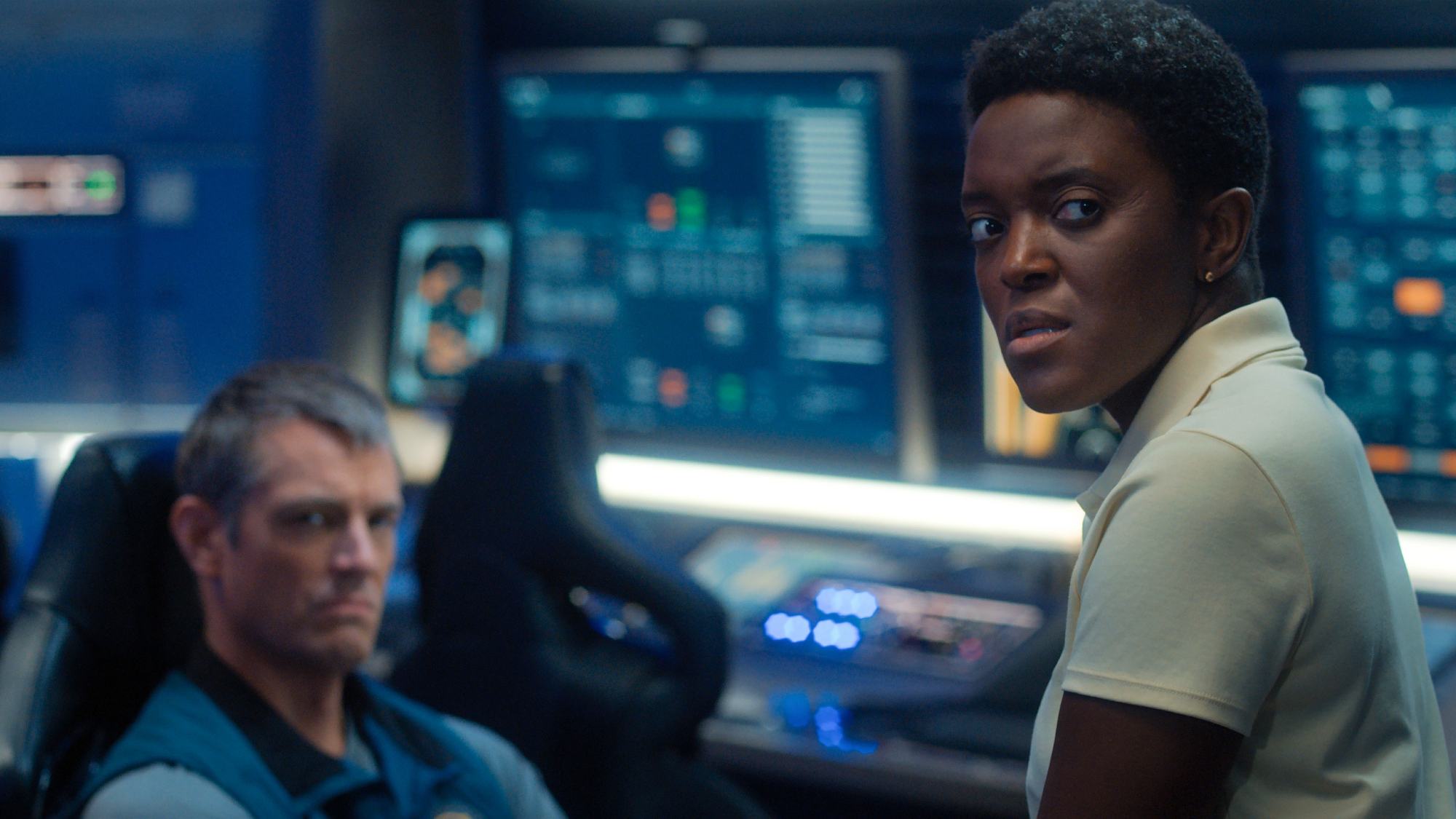 Joel Kinnaman as Ed Baldwin and Krys Marshall as Danielle Poole in &ldquo;For All Mankind,