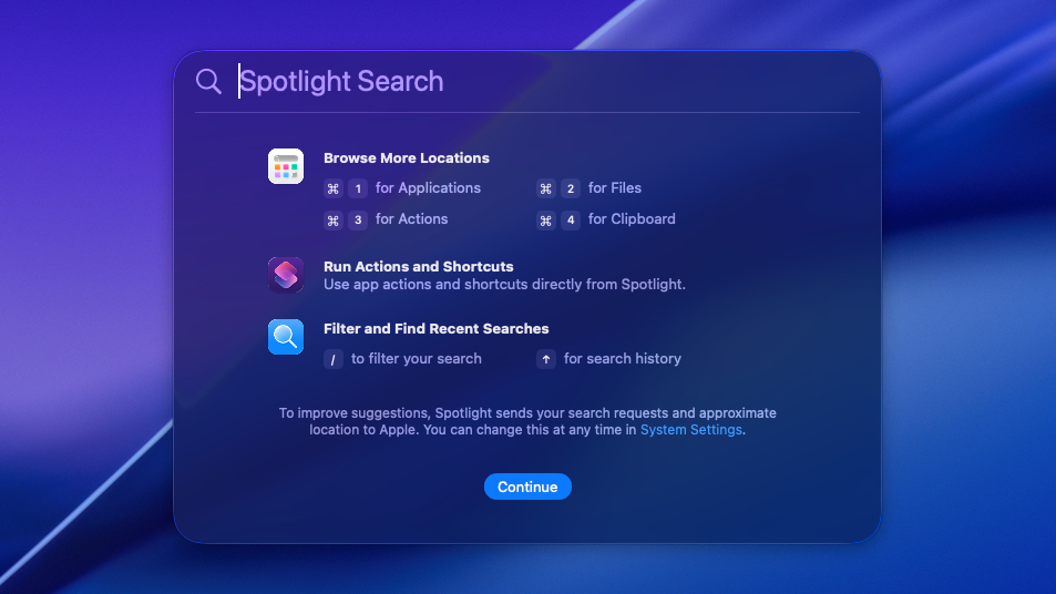 macOS Tahoe Spotlight Search menu