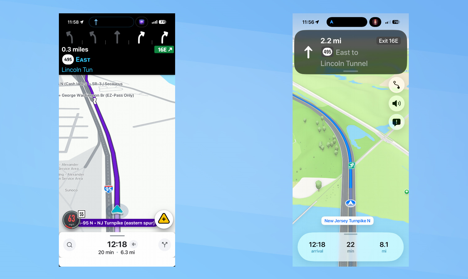 لقطات شاشة لميزات Waze و Apple Maps.