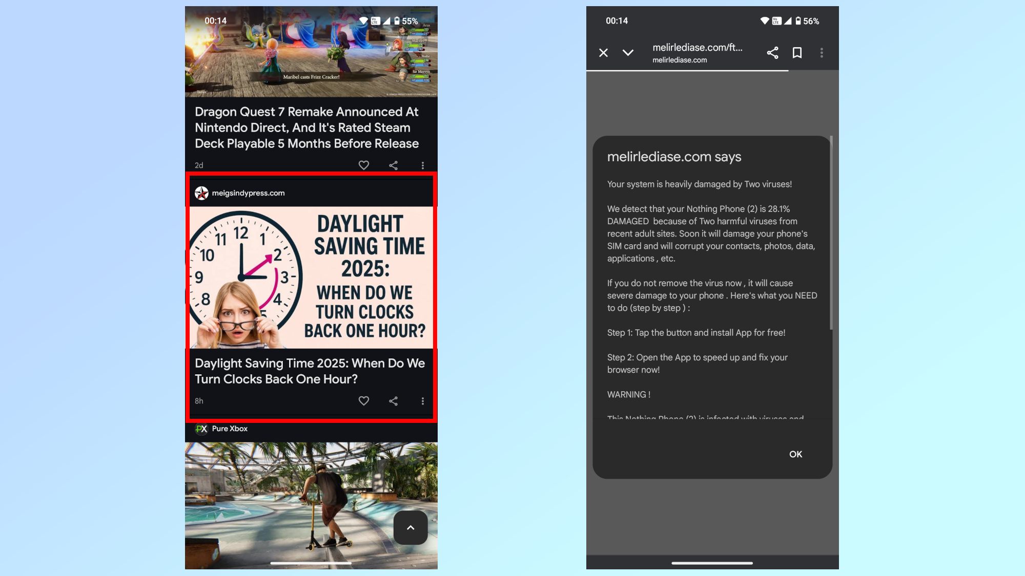 لقطة شاشة تظهر قصة إخبارية وهمية أدت إلى ظهور نافذة منبثقة ضارة على هاتف Android