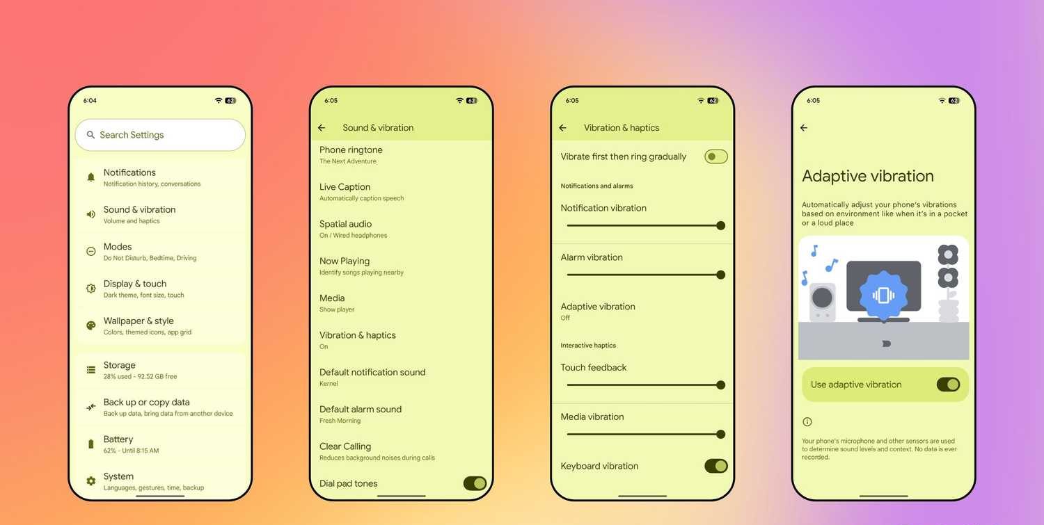 لقطات شاشة لتفعيل الاهتزاز التكيفي في أندرويد