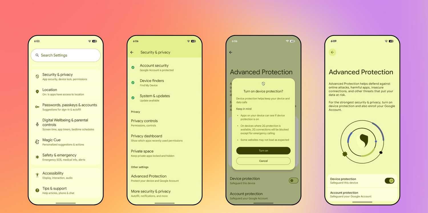 لقطات شاشة لتشغيل الحماية المتقدمة في Android
