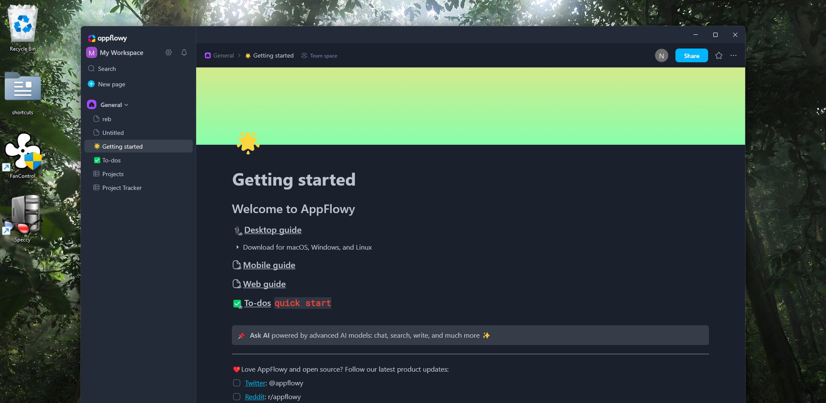 AppFlowy desktop app, with the Getting Started default page and green graphic displaying in editor, greenery in background screen with Windows app icons