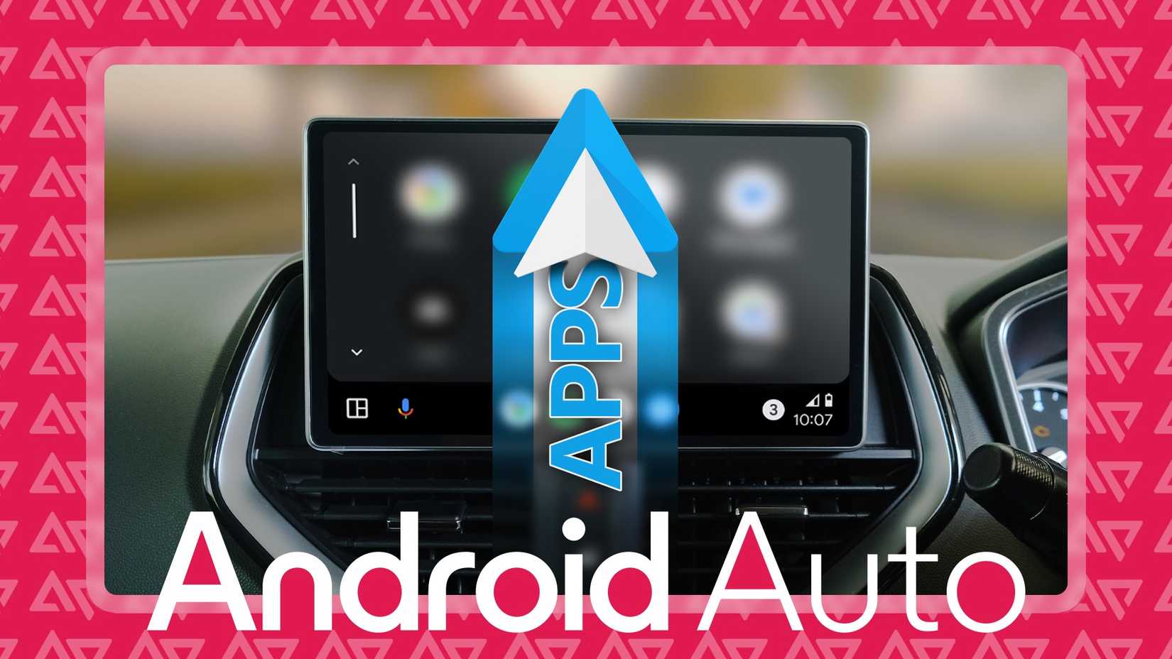 لوحة القيادة في السيارة تعرض واجهة Android Auto مع تراكب لشعار يحمل علامة 'APPs' يشير إلى الأعلى