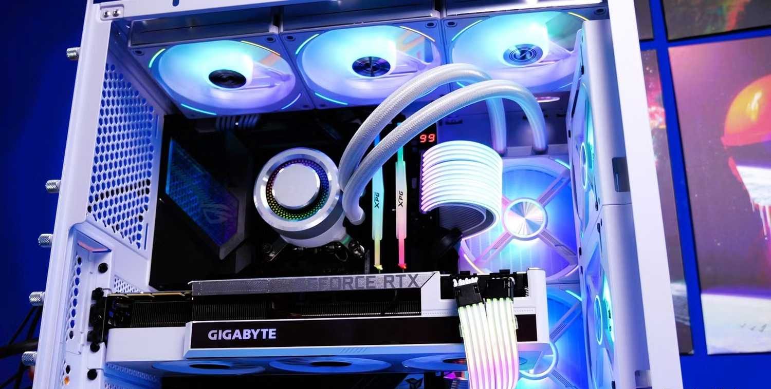 The inside of a desktop gaming PC with RGB lighting.