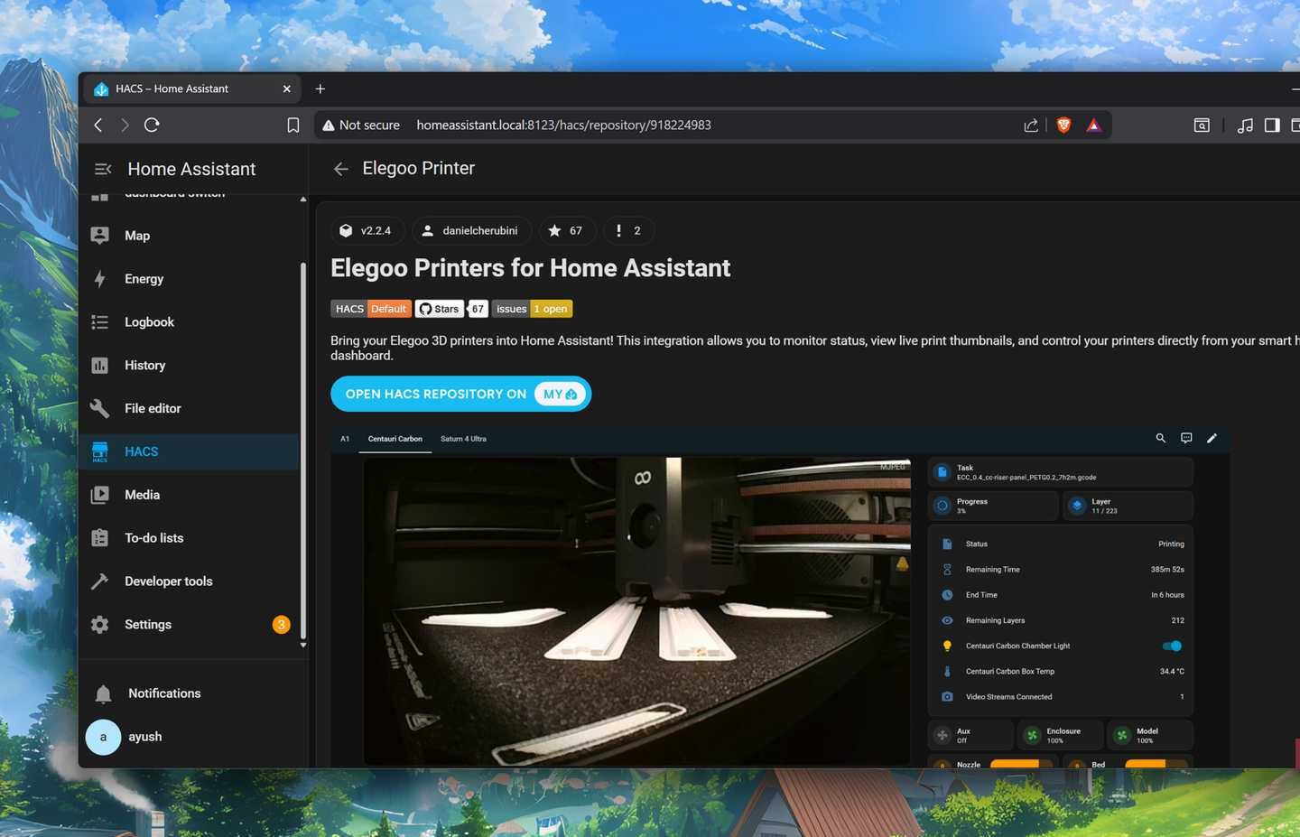 إعداد تكامل طابعات Elegoo عبر HACS