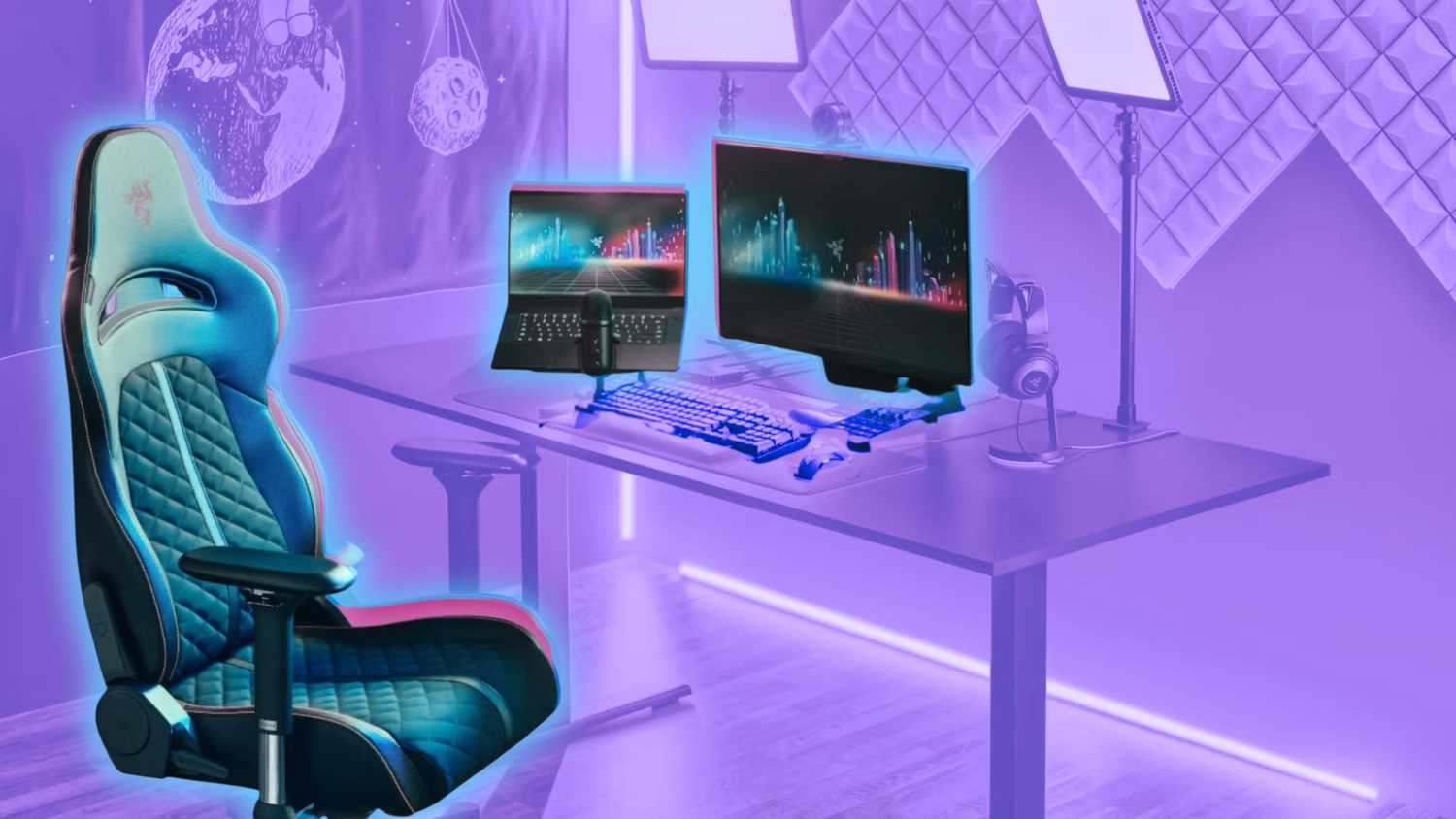 إعداد ألعاب الكمبيوتر مع شاشة وجهاز كمبيوتر محمول.