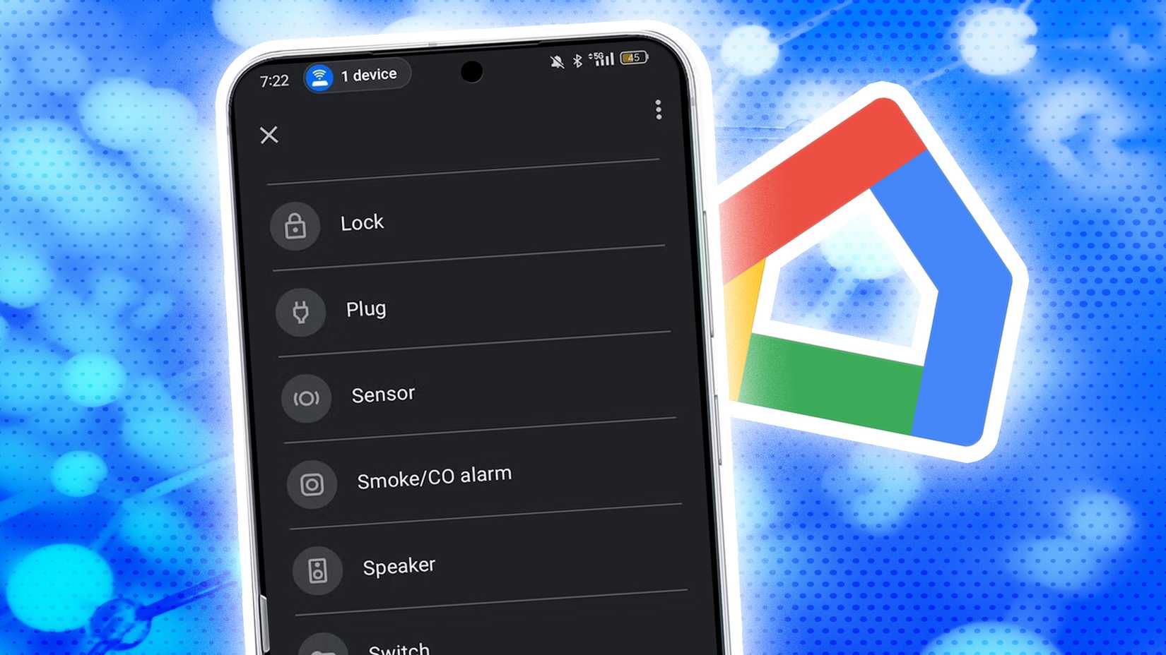 رسم توضيحي لهاتف يعرض قائمة Google Home.