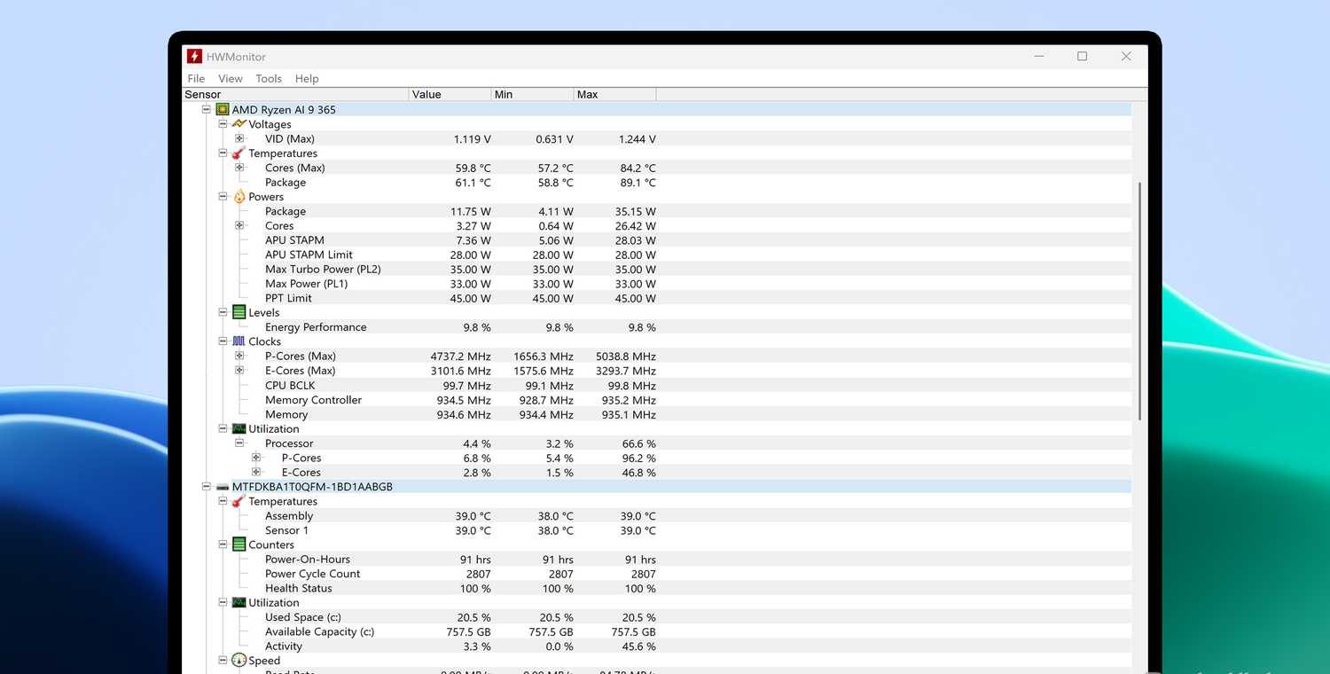 تطبيق HWMonitor على نظام التشغيل Windows 11.