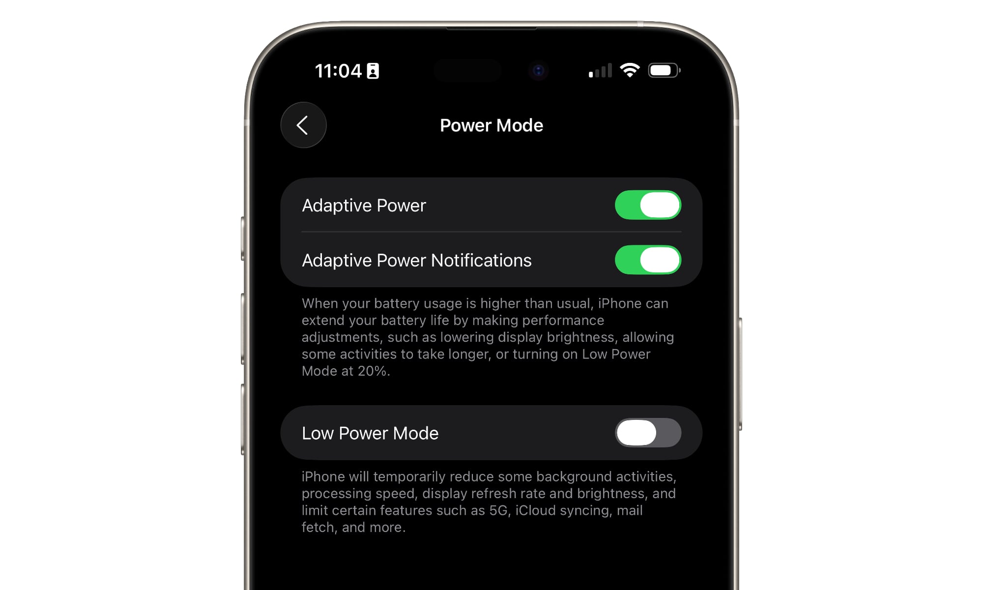إعدادات الطاقة التكيفية في iOS 26