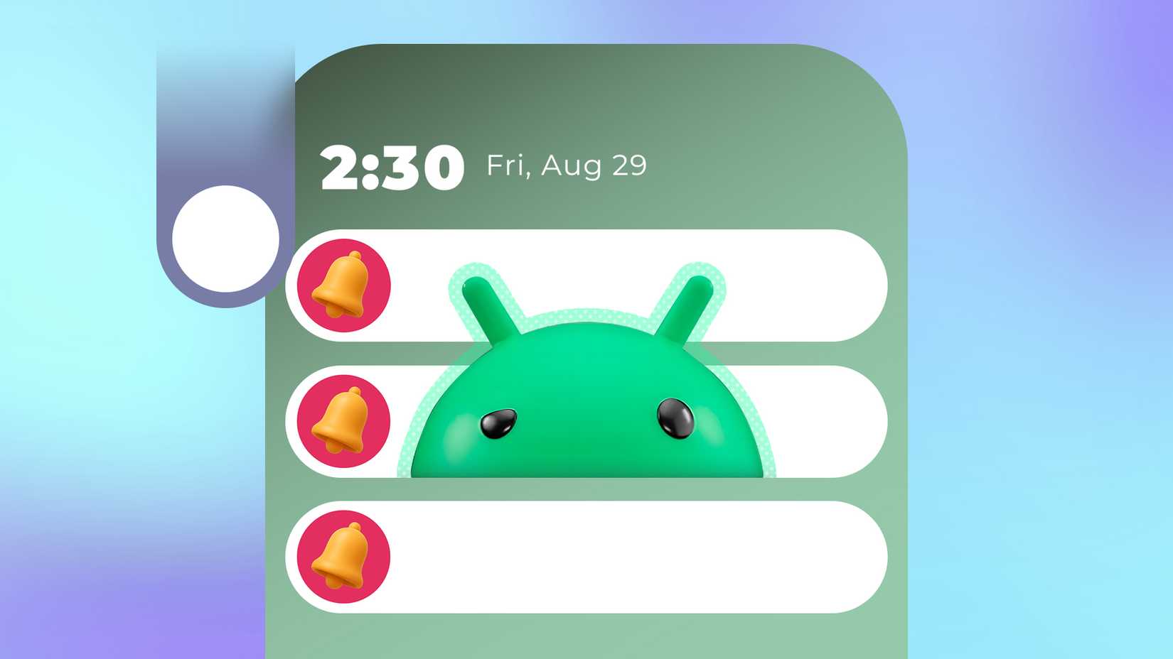 صورة توضيحية للوحة إشعارات Android تعرض تنبيهات بأيقونات الجرس، مع ظهور التميمة Android في المنتصف.
