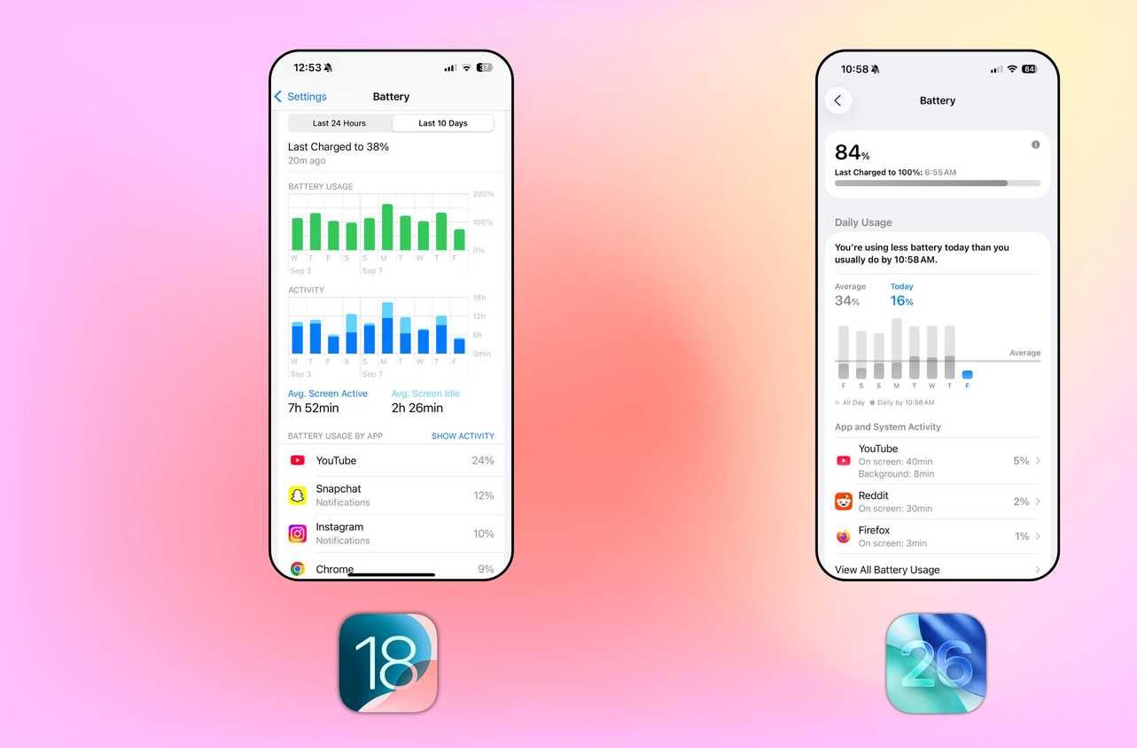 iOS 18 and iOS 26 battery screenshots