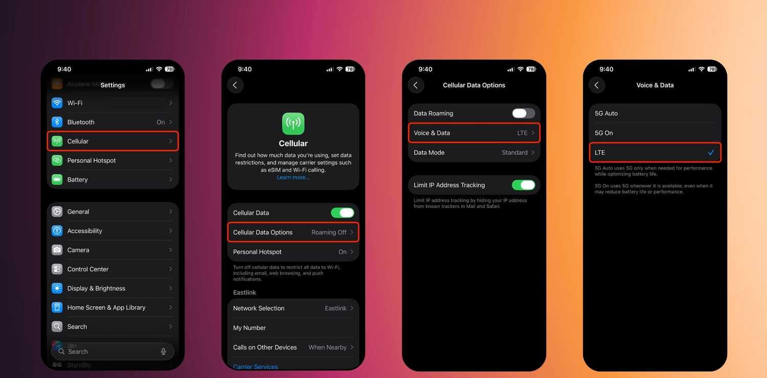 لقطات شاشة لتعطيل شبكات 5G في نظام iOS 26