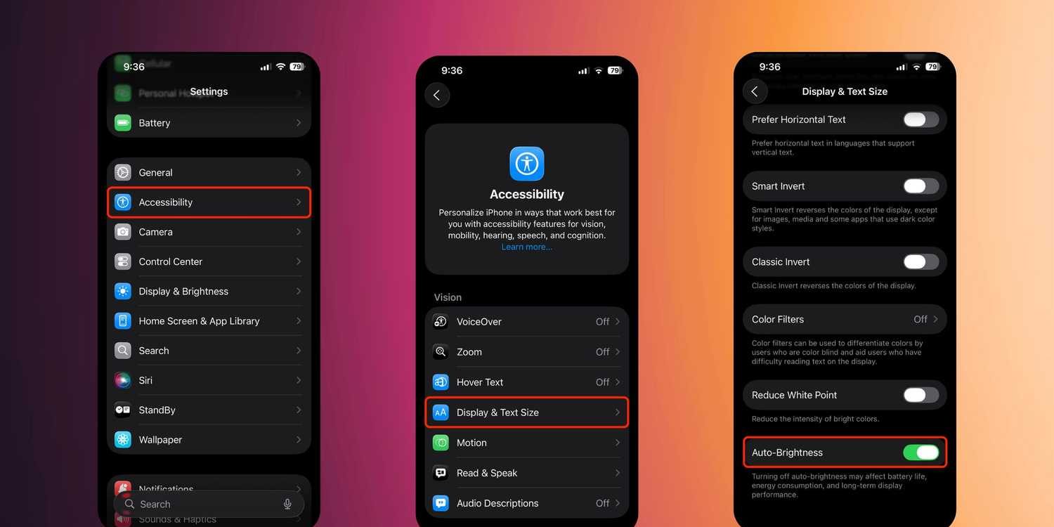 iOS 26 enable Auto-Brightness screenshots