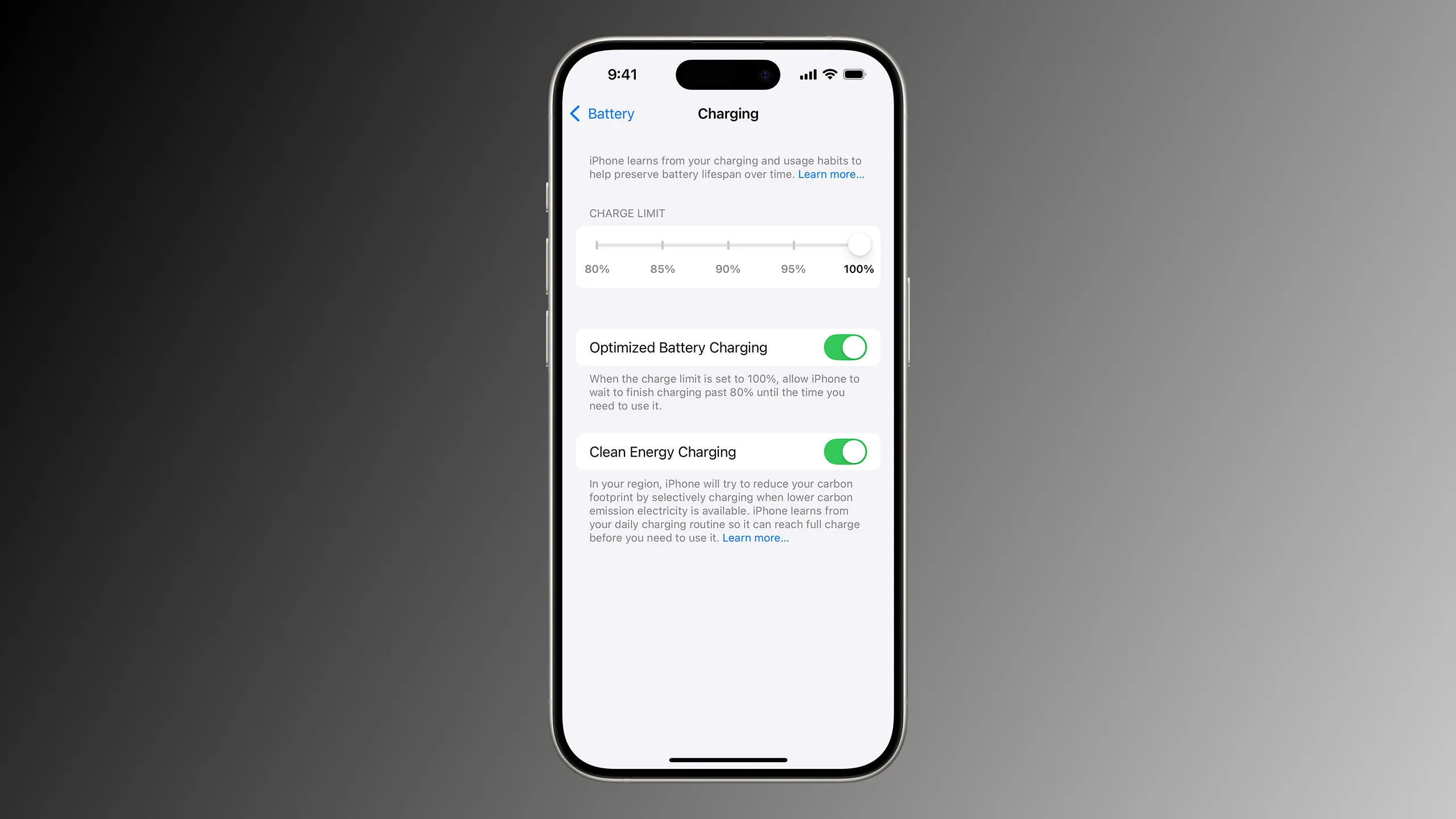 إعدادات شحن iPhone في iOS 18.