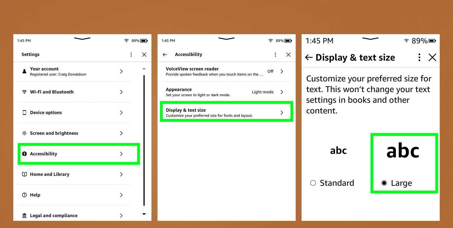 Kindle زيادة حجم العرض والنص.