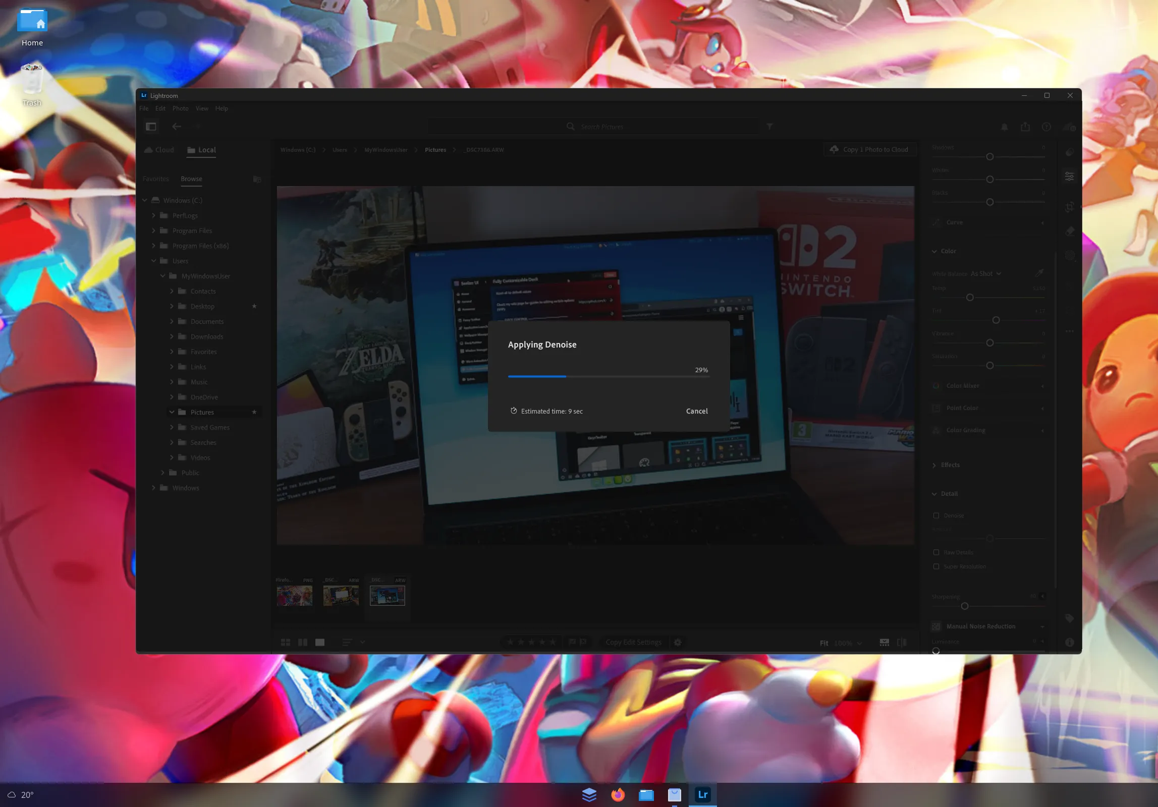 Screenshot of Adobe Lightroom processing AI Denoise on Linux