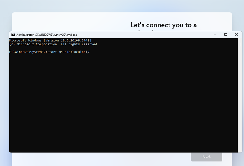 لقطة شاشة لواجهة Windows 11 OOBE تعرض أمرًا لتخطي الاتصال بالإنترنت