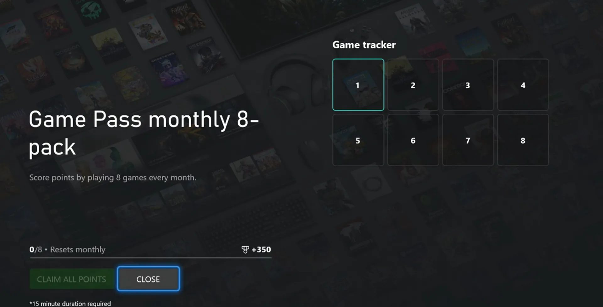 لقطة شاشة لمكافآت سلسلة الألعاب الثمانية الشهرية على Xbox Game Pass
