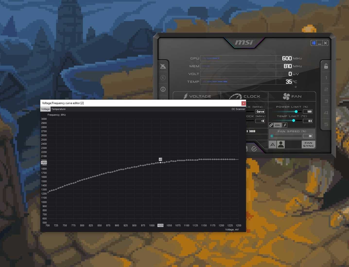 لقطة شاشة توضح نافذة Curve Editor في برنامج MSI Afterburner