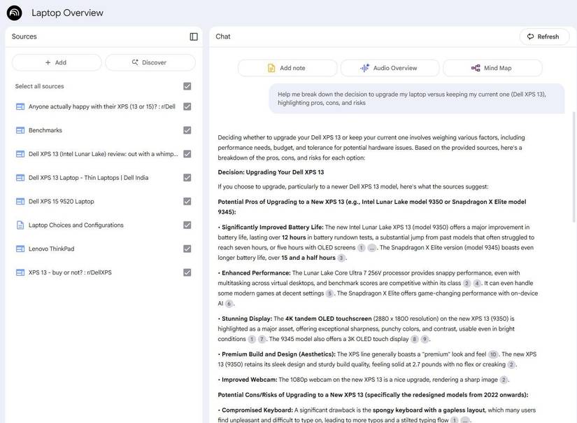 Screenshot showing a prompt for upgrading laptop in NotebookLM