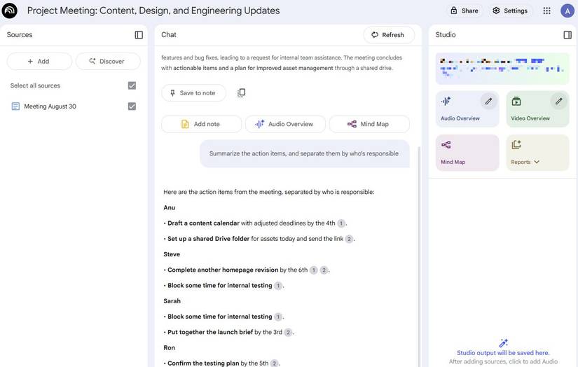 Screenshot showing a summary of meeting transcript in NotebookLM