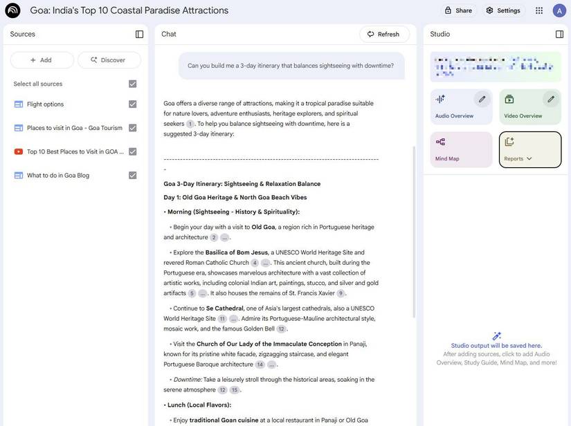 لقطة شاشة توضح مطالبة للتخطيط لرحلة في NotebookLM