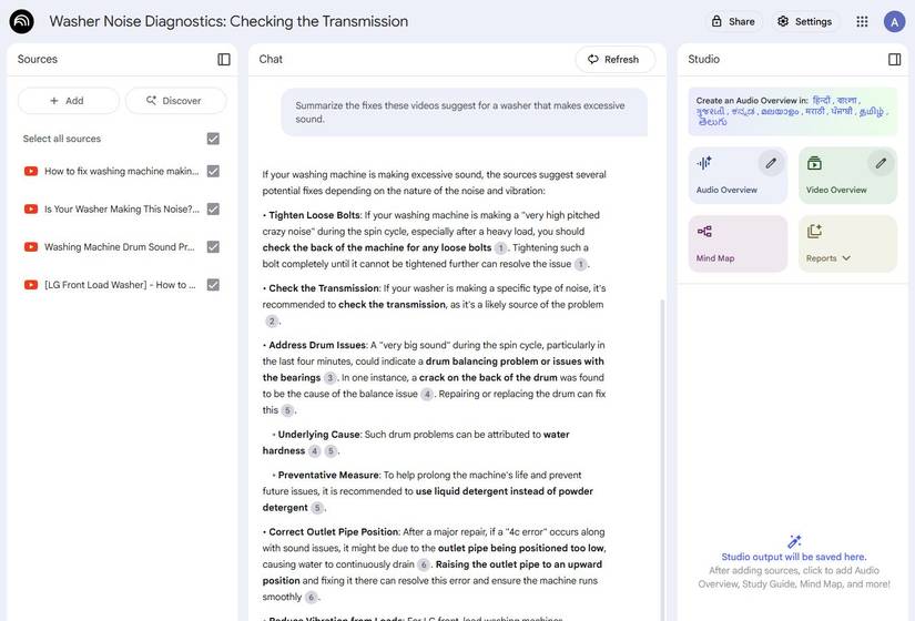 لقطة شاشة توضح مطالبة لتلخيص دروس YouTube التعليمية باستخدام NotebookLM
