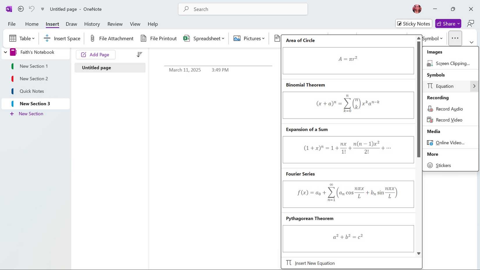 Equations that can inserted into OneNote