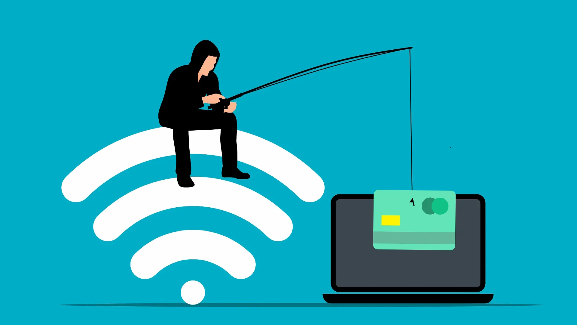 رجل يجلس على أيقونة Wi-Fi ويصطاد بطاقة ائتمان من جهاز كمبيوتر