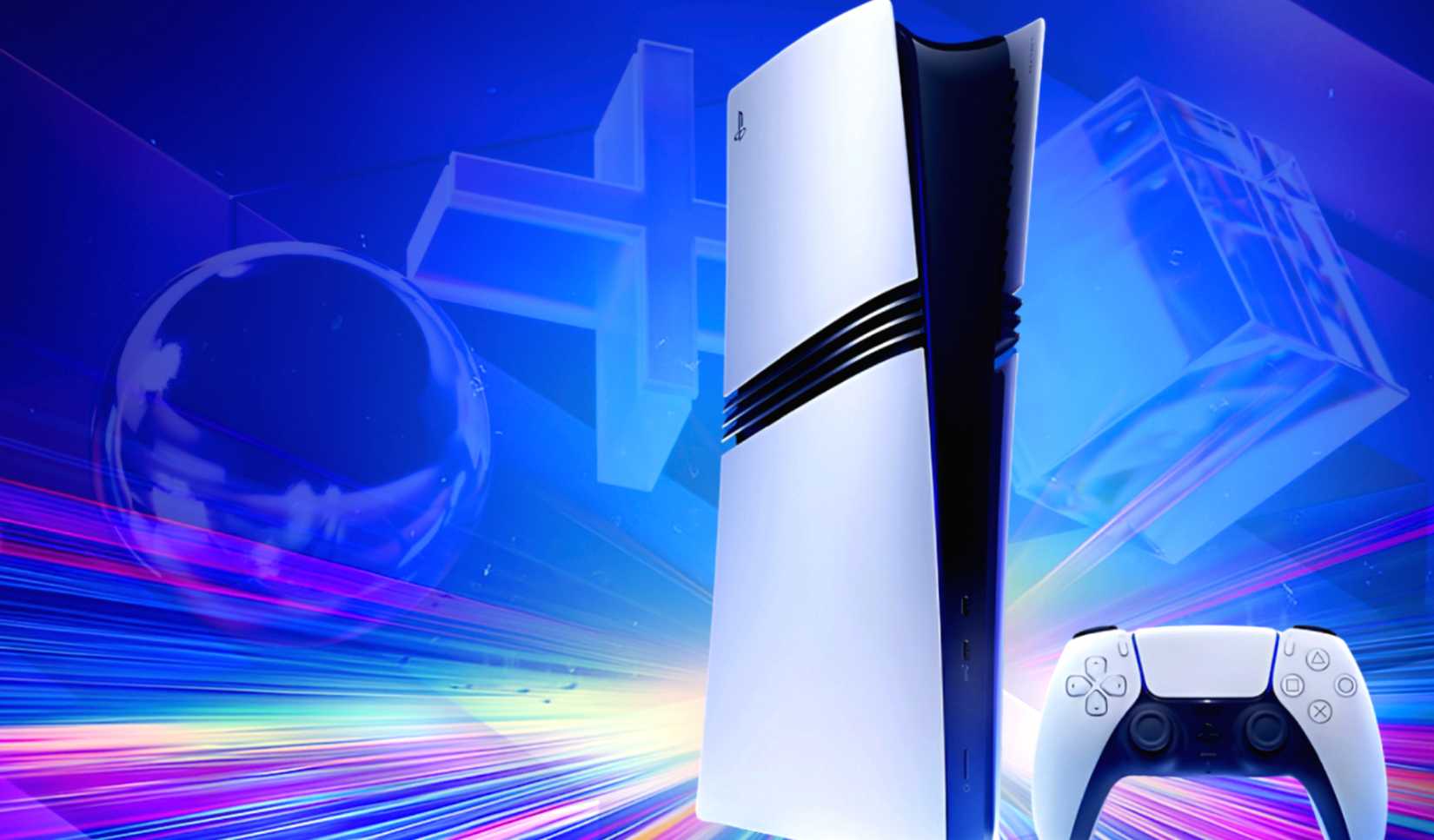 The Sony PlayStation 5 Pro console, along with a DualSense controller, both in white.